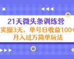 21天微头条训练营，实操3天，单号日收益100+月入过万简单玩法