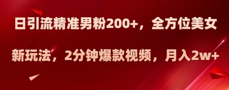 日引流精准男粉200+，全方位美女新玩法，2分钟爆款视频，月入2w+【揭秘】