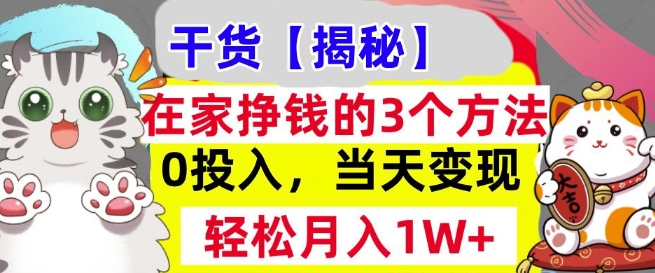 在家挣钱的3个方法，0投入，当天变现，轻松月入过W